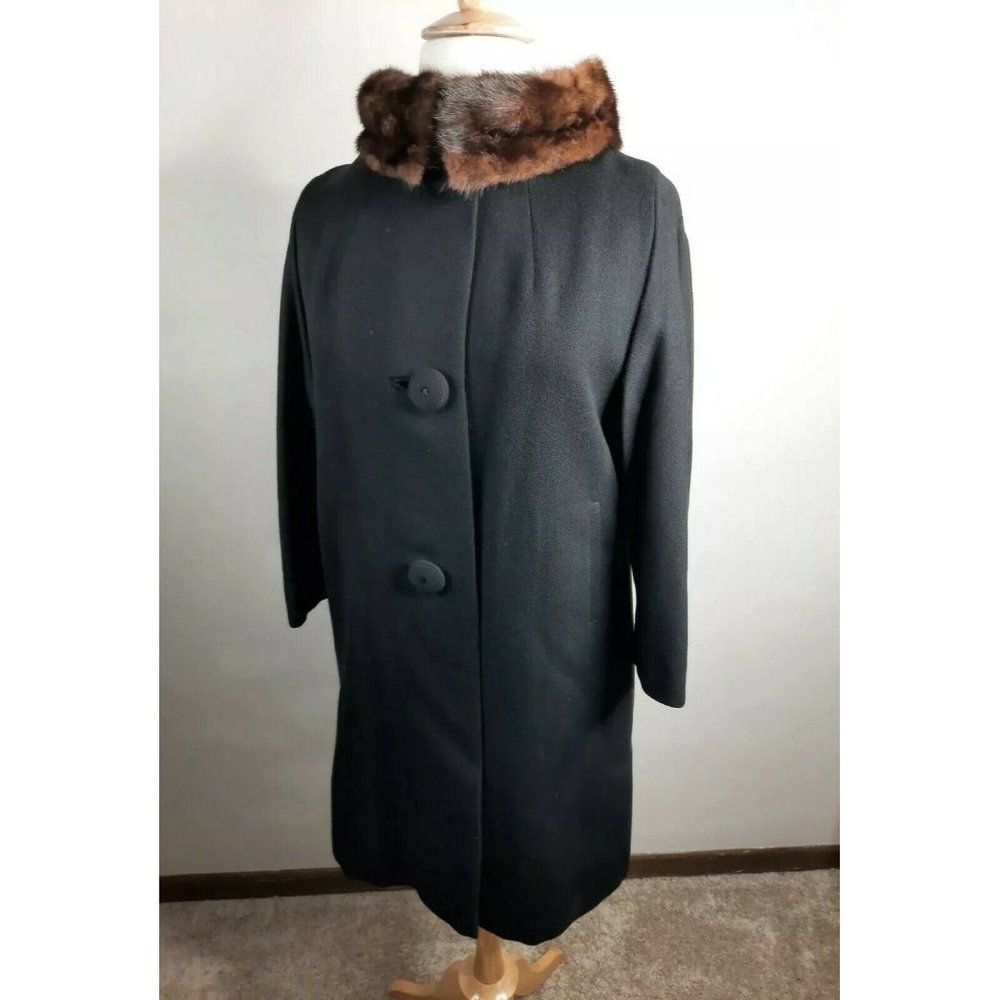 Vtg 60s Women's Black Wool Coat Mink Fur Trim L XL